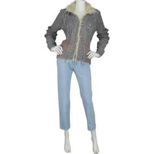 Free People Wool Blend Faux Fur Collar Cable Knit Slate Gray Cardigan Sweater